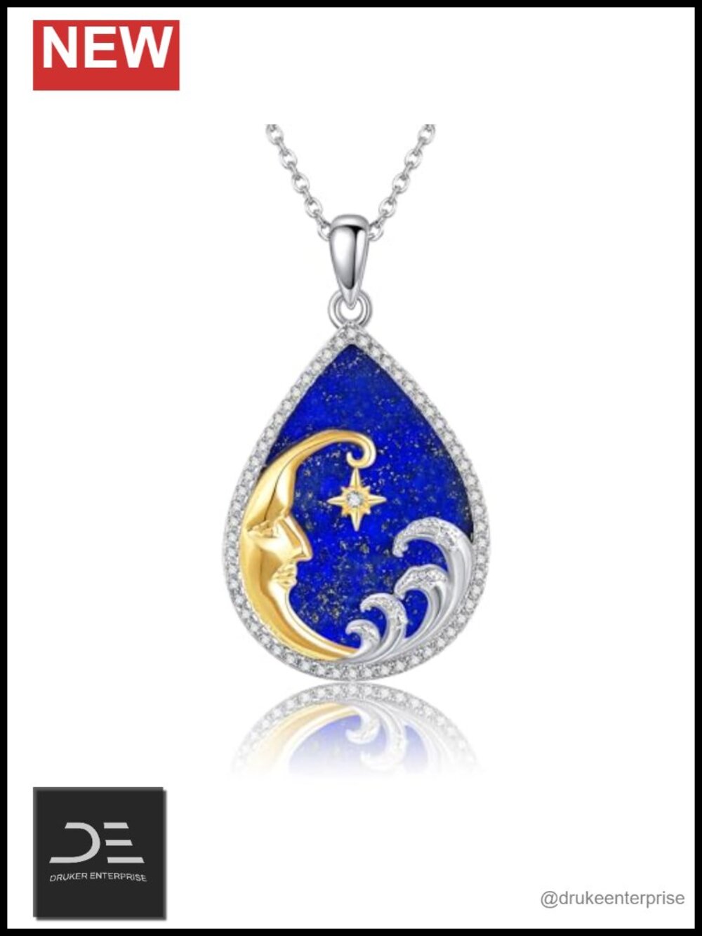 925 Sterling Silver Moon Lighthouse Pendant Necklace Lapis Lazuli Fine Jewelry